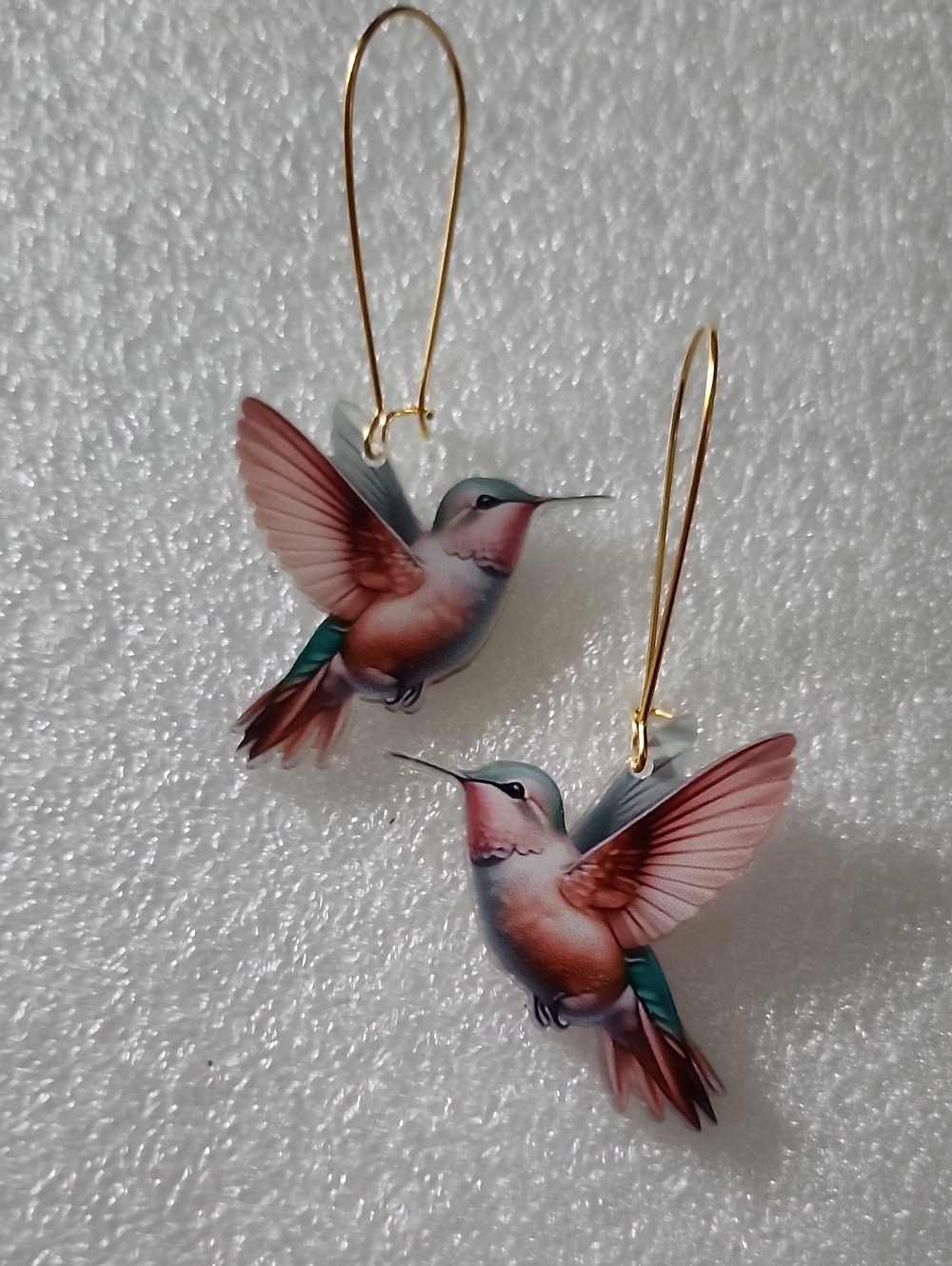 Hand Crafted Pink and Teal Hummingbird Drop Earrings with Gold Hooks